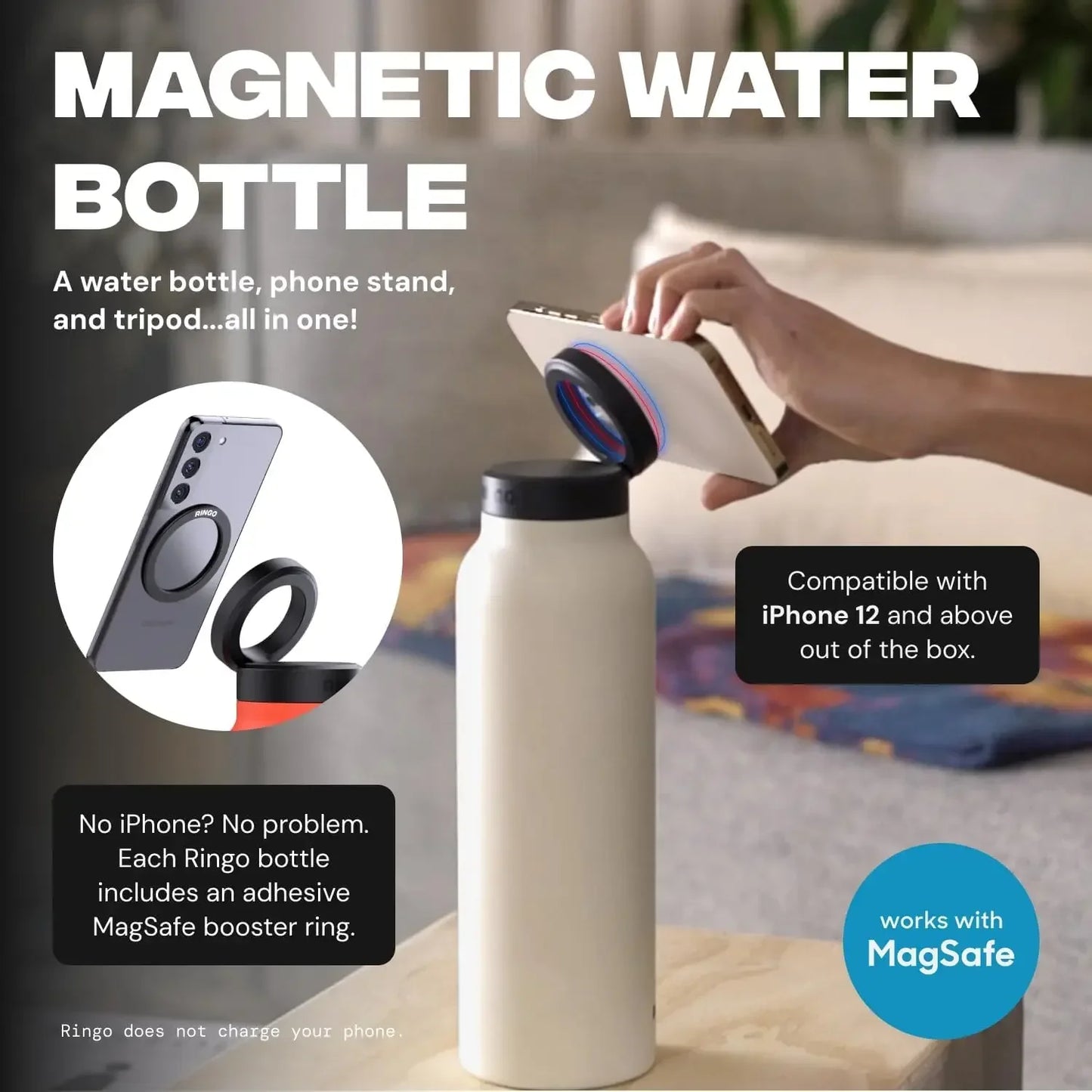 Insulated Sports Water Bottle with Magnetic Phone Holder and Built-in Stand